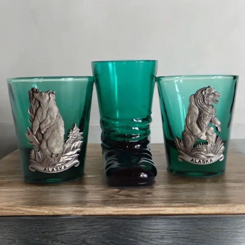 Green Alaska Fine Pewter Bear Shot Glass Set with Matching Boot Toothpick Holder